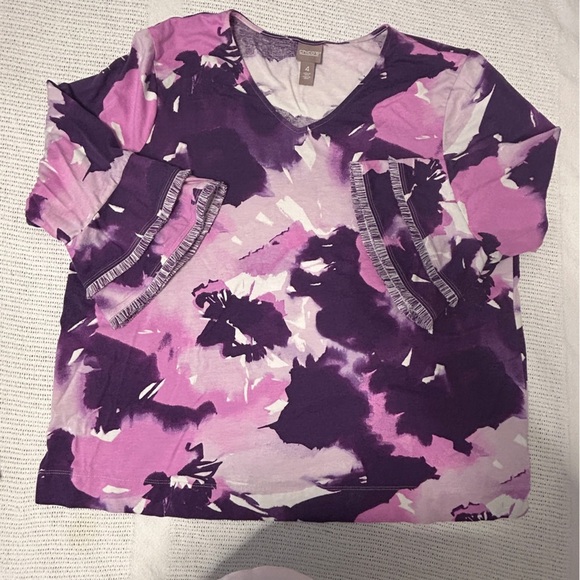 Chico's Women’s Size 4(XXL) Elegant Purple Pink cream Top 3/4 bell fringe sleeve - Picture 6 of 11